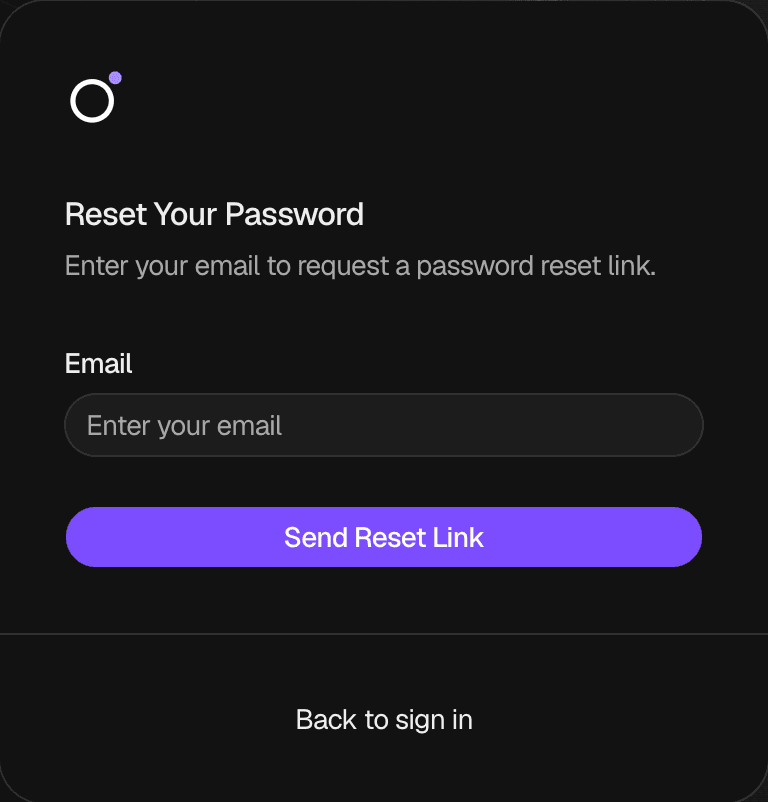 The Reset Your Password page with an empty Email field, the Send Reset Link button and the Back to sign in link