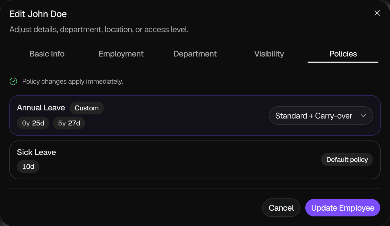 The Policies tab of Edit John Doe: Annual Leave shows Custom, tiers of 25 days from hire and 27 days after 5 years, and the policy list set to Standard + Carry-over; Sick Leave shows 10 days and Default policy