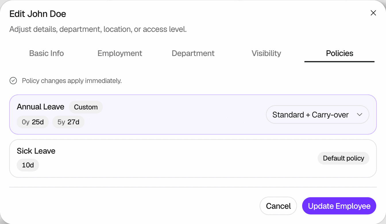 The Policies tab of Edit John Doe: Annual Leave shows Custom, tiers of 25 days from hire and 27 days after 5 years, and the policy list set to Standard + Carry-over; Sick Leave shows 10 days and Default policy