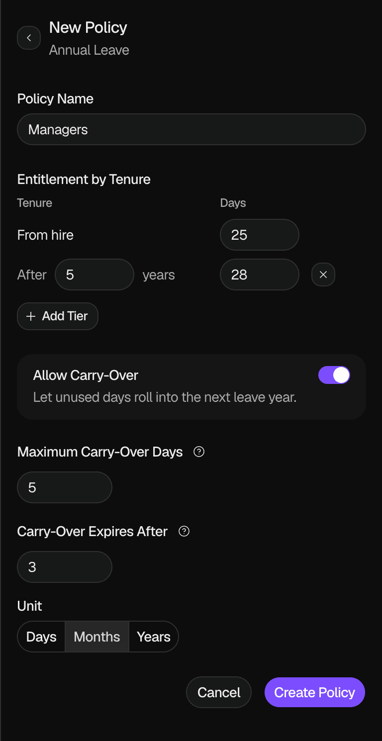 The New Policy form for Annual Leave with the Policy Name Managers, Entitlement by Tenure tiers of 25 days from hire and 28 days after 5 years, Allow Carry-Over turned on, Maximum Carry-Over Days 5, Carry-Over Expires After 3, the Unit Months, and the Cancel and Create Policy buttons