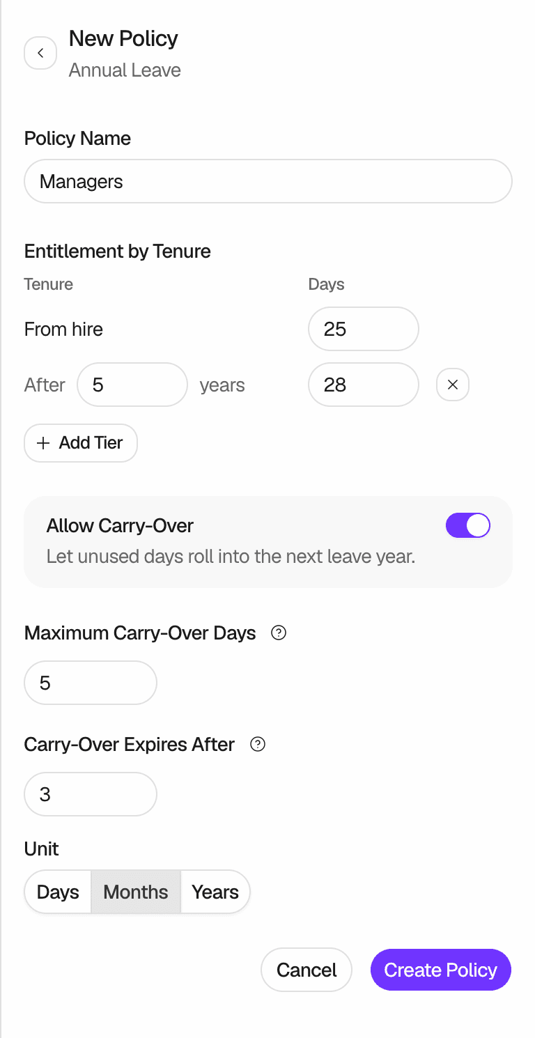The New Policy form for Annual Leave with the Policy Name Managers, Entitlement by Tenure tiers of 25 days from hire and 28 days after 5 years, Allow Carry-Over turned on, Maximum Carry-Over Days 5, Carry-Over Expires After 3, the Unit Months, and the Cancel and Create Policy buttons