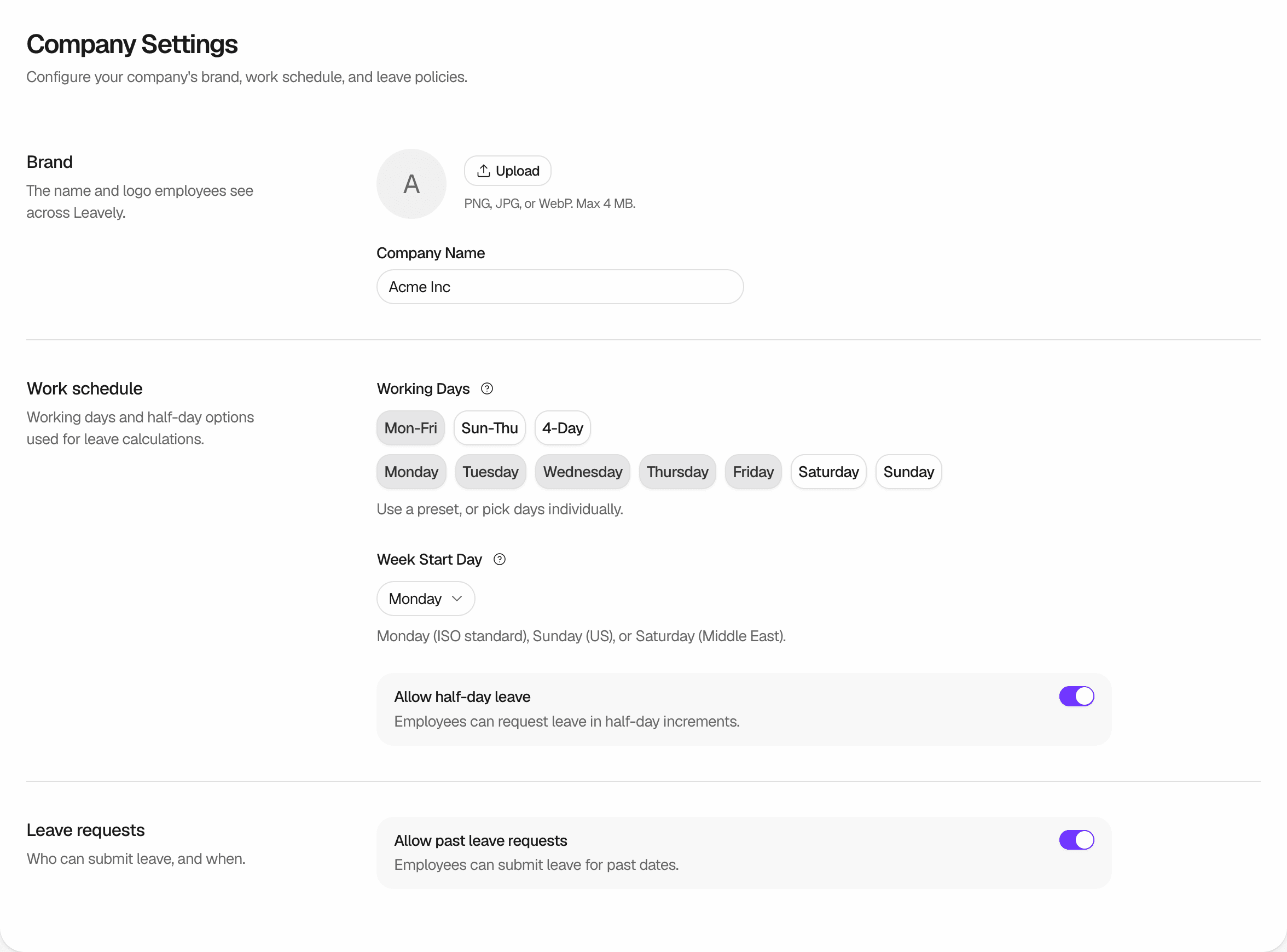 The Company Settings page. Brand shows the company initial, an Upload button and the Company Name field. Work schedule shows the Mon-Fri preset selected, Monday to Friday selected as working days, Monday as Week Start Day, and Allow half-day leave on. Leave requests shows Allow past leave requests on.