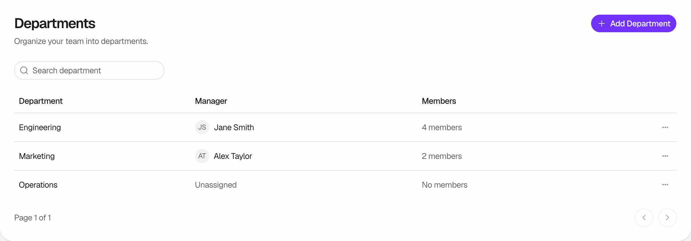 The Departments page with the Add Department button, the Search department box, and a table with the Department, Manager and Members columns: Engineering with a Department Manager and 4 members, Marketing with a Department Manager and 2 members, and Operations with Unassigned and No members, each with a menu button