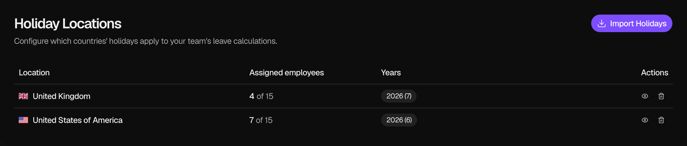 The Holiday Locations page with the Import Holidays button and a table of two Holiday Locations, United Kingdom and United States of America. Each row shows its assigned employees of all employees, the imported year 2026 with its number of holidays, and the view and remove buttons.