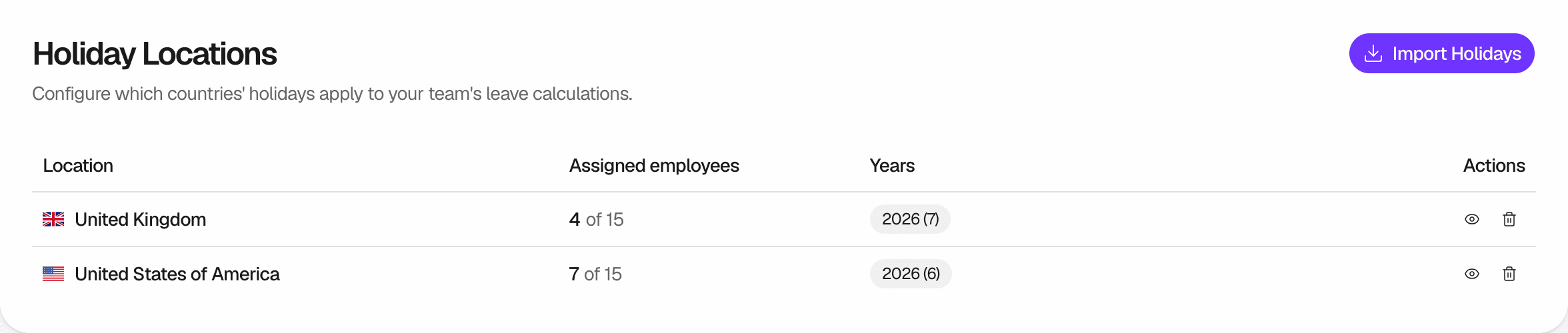 The Holiday Locations page with the Import Holidays button and a table of two Holiday Locations, United Kingdom and United States of America. Each row shows its assigned employees of all employees, the imported year 2026 with its number of holidays, and the view and remove buttons.