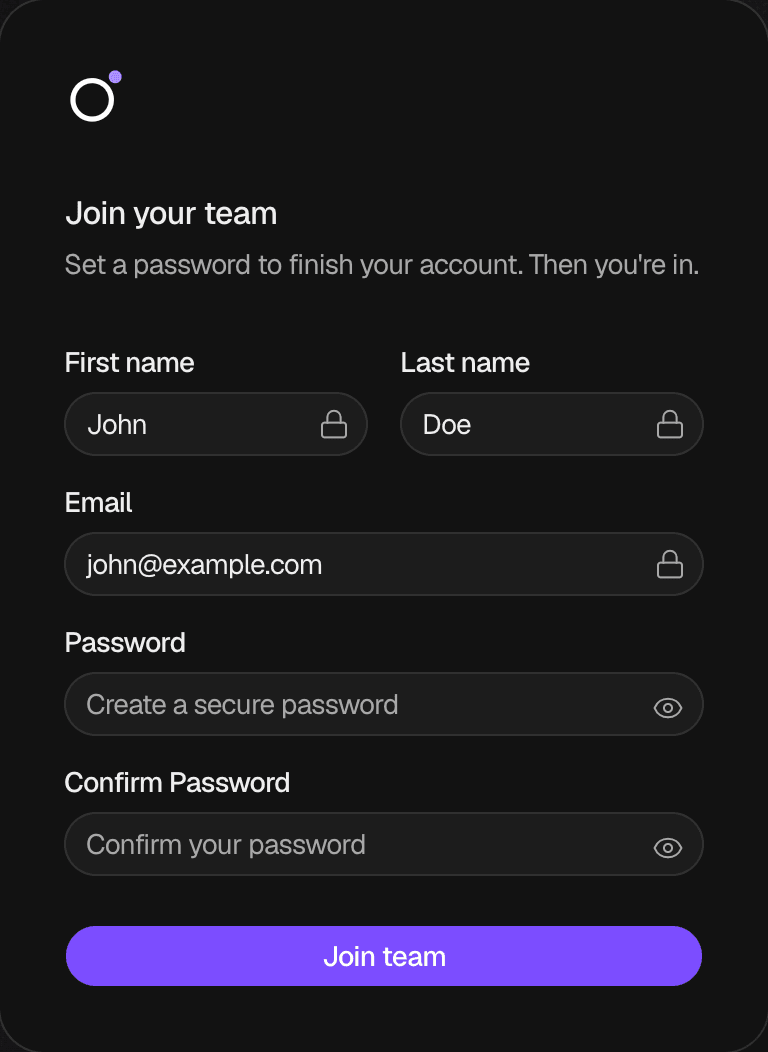 The Join your team page with the locked First name, Last name and Email fields filled for John Doe, the Password and Confirm Password fields, and the Join team button
