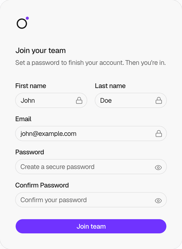 The Join your team page with the locked First name, Last name and Email fields filled for John Doe, the Password and Confirm Password fields, and the Join team button
