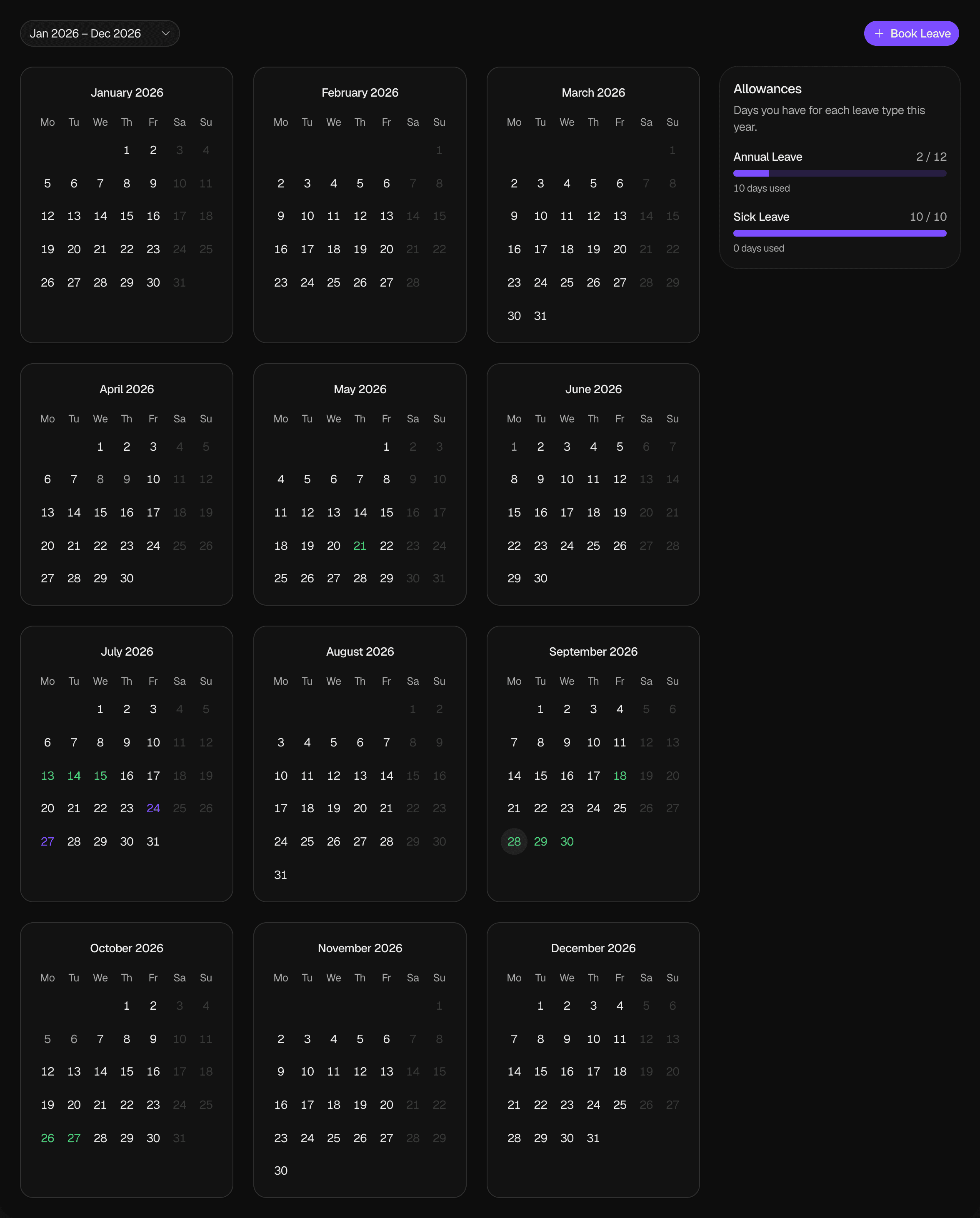The My Year page for Jan 2026 – Dec 2026 with the year list, the Book Leave button, the twelve months with approved leave in the colors of its Leave Types, such as Annual Leave from 13 to 15 July and from 28 to 30 September, the greyed-out weekends, and the Allowances card with Annual Leave at 2 / 12 and 10 days used, and Sick Leave at 10 / 10