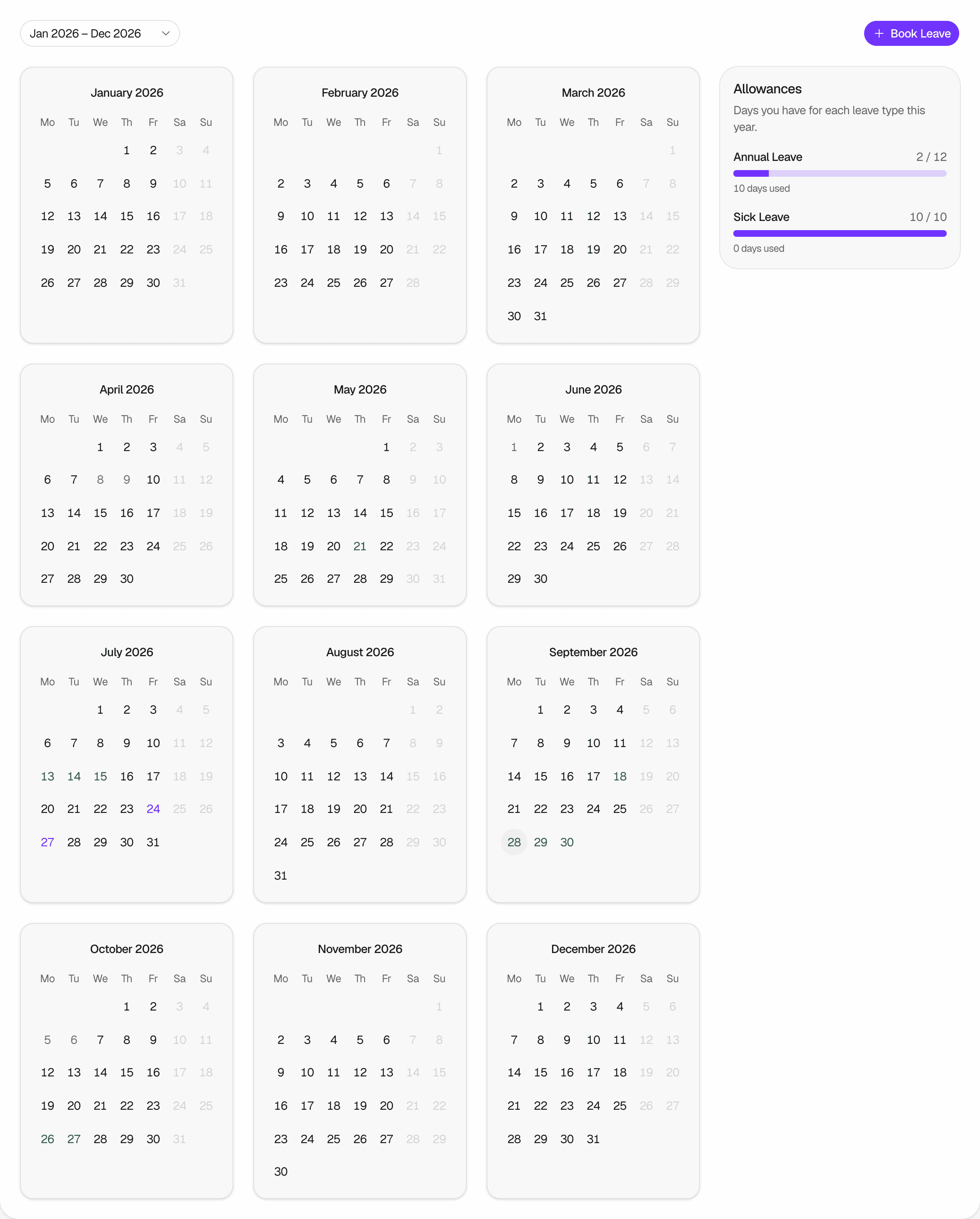 The My Year page for Jan 2026 – Dec 2026 with the year list, the Book Leave button, the twelve months with approved leave in the colors of its Leave Types, such as Annual Leave from 13 to 15 July and from 28 to 30 September, the greyed-out weekends, and the Allowances card with Annual Leave at 2 / 12 and 10 days used, and Sick Leave at 10 / 10