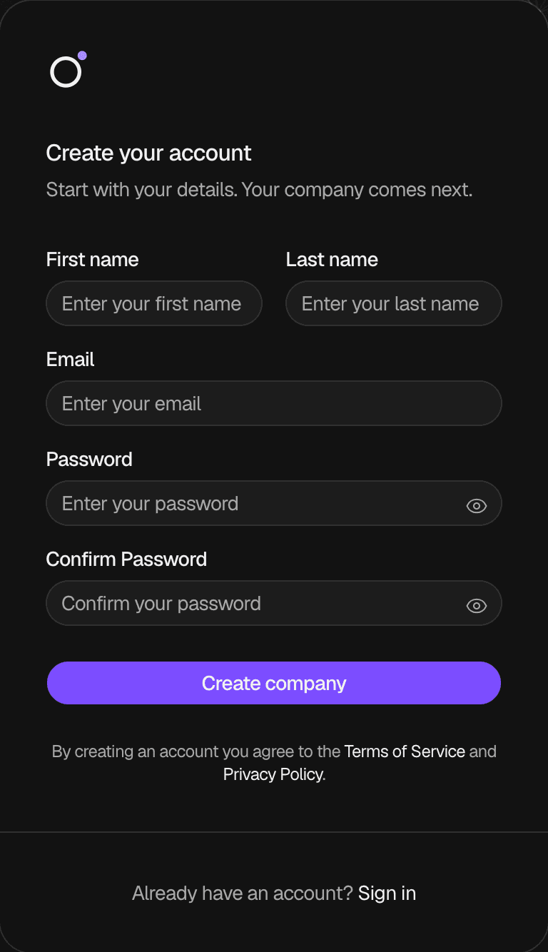 The Create your account page with empty First name, Last name, Email, Password and Confirm Password fields, the Create company button and the Sign in link