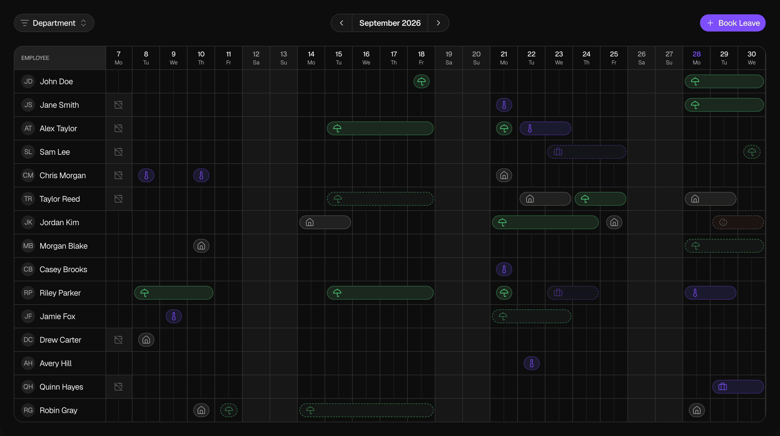 The Wall Chart for September 2026, scrolled to show days 7 to 30. The toolbar has the Department filter, the month stepper and Book Leave. Today, the 28th, is highlighted, and weekends are greyed out. Rows show approved leave bars in green, purple and grey for different Leave Types, several pending bars with dashed borders, and holiday cells with a crossed-out calendar icon on the 7th.