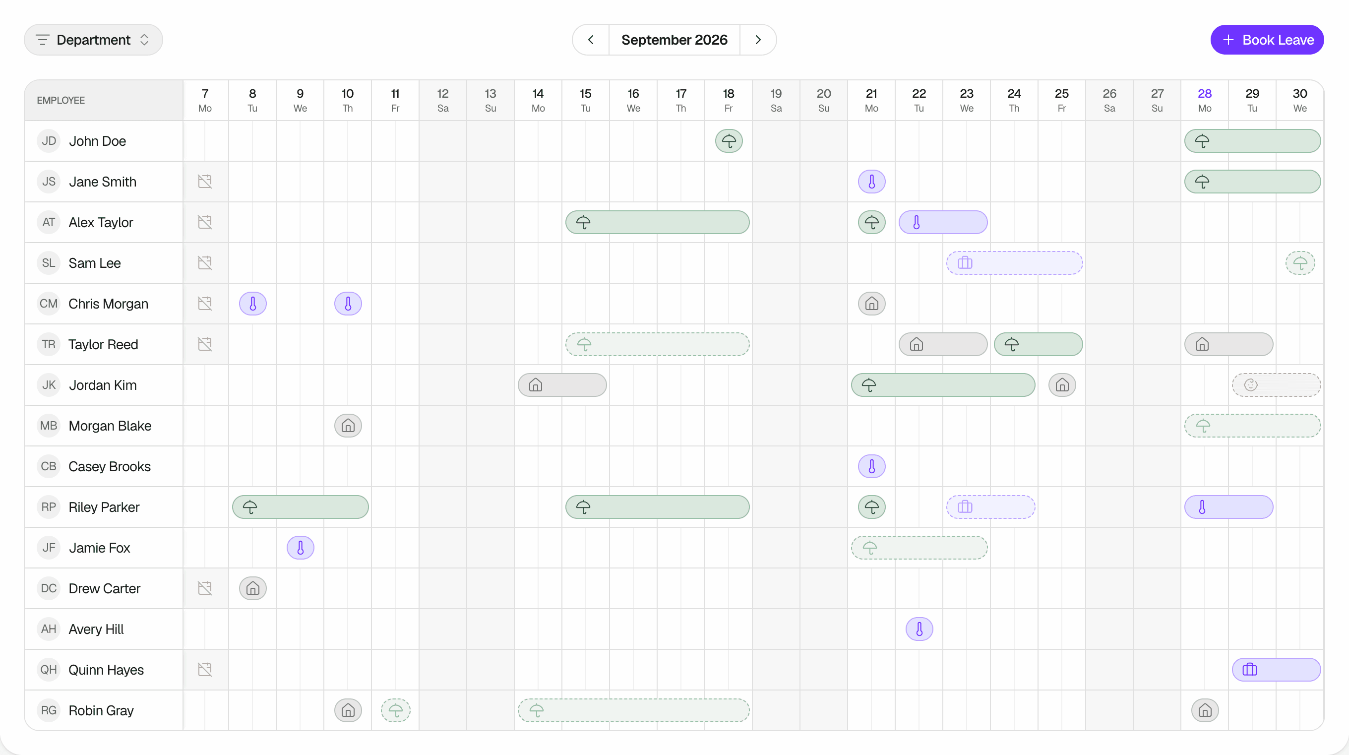 The Wall Chart for September 2026, scrolled to show days 7 to 30. The toolbar has the Department filter, the month stepper and Book Leave. Today, the 28th, is highlighted, and weekends are greyed out. Rows show approved leave bars in green, purple and grey for different Leave Types, several pending bars with dashed borders, and holiday cells with a crossed-out calendar icon on the 7th.